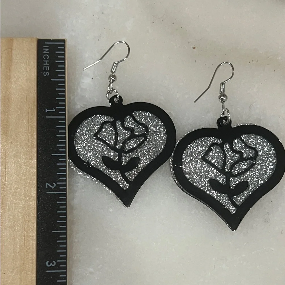 Sparkling Black and Silver Heart Earrings